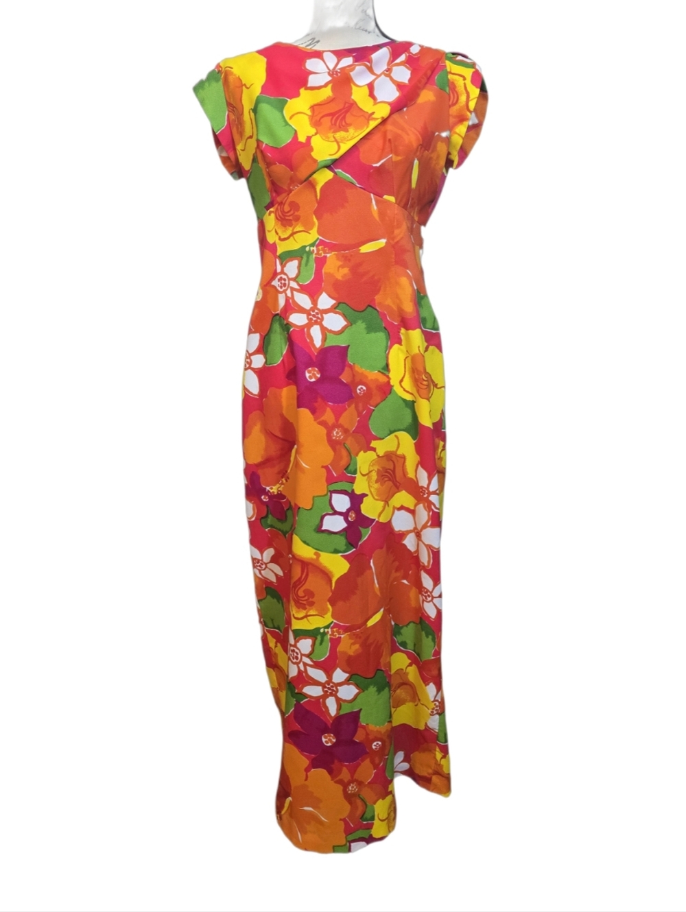 70's Hawaiin Bright Floral Maxi Dress - Orange & Multicolor Sz S